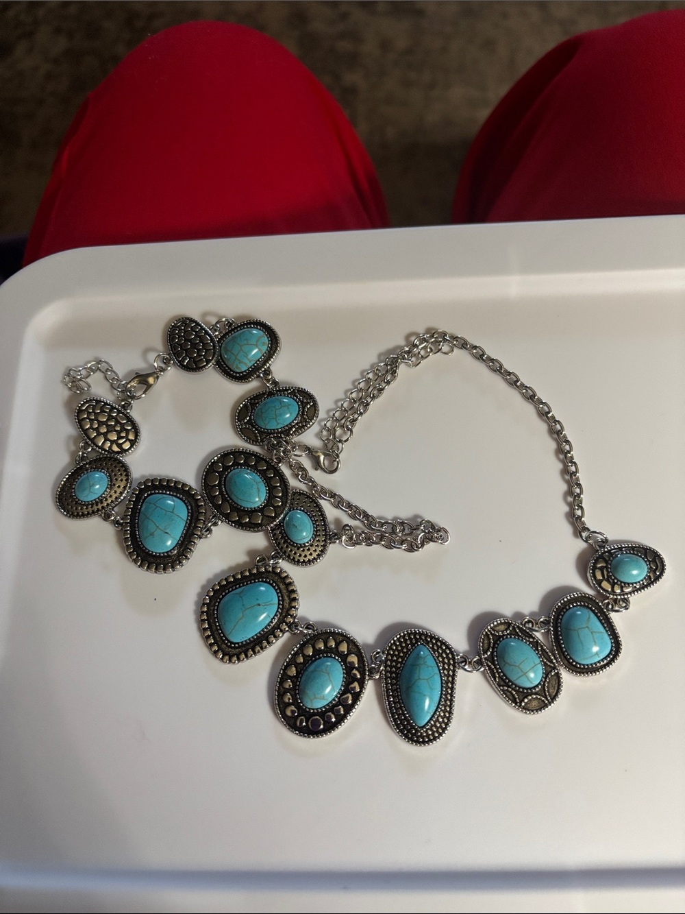 Turquoise Stone Silver-Tone Statement Necklace - Unbranded